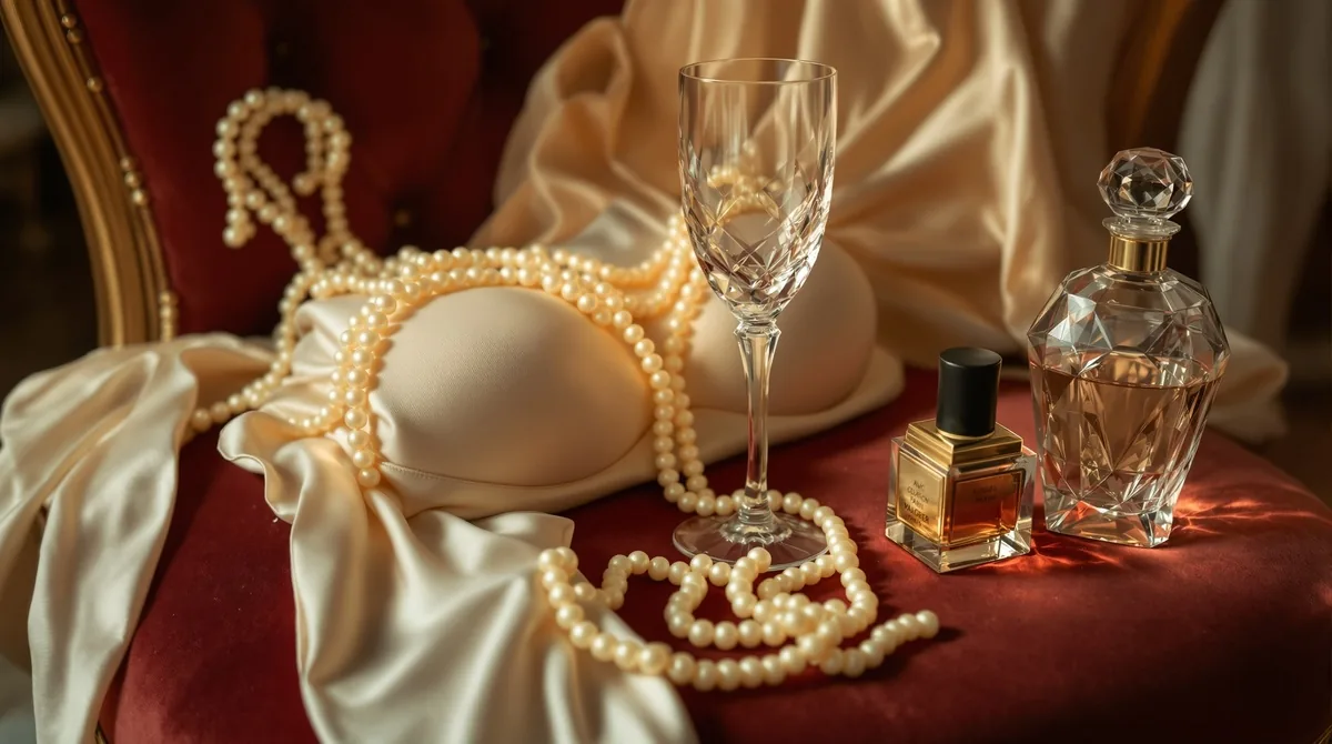 Ambiance boudoir : lingerie, champagne et parfums sur fauteuil velours