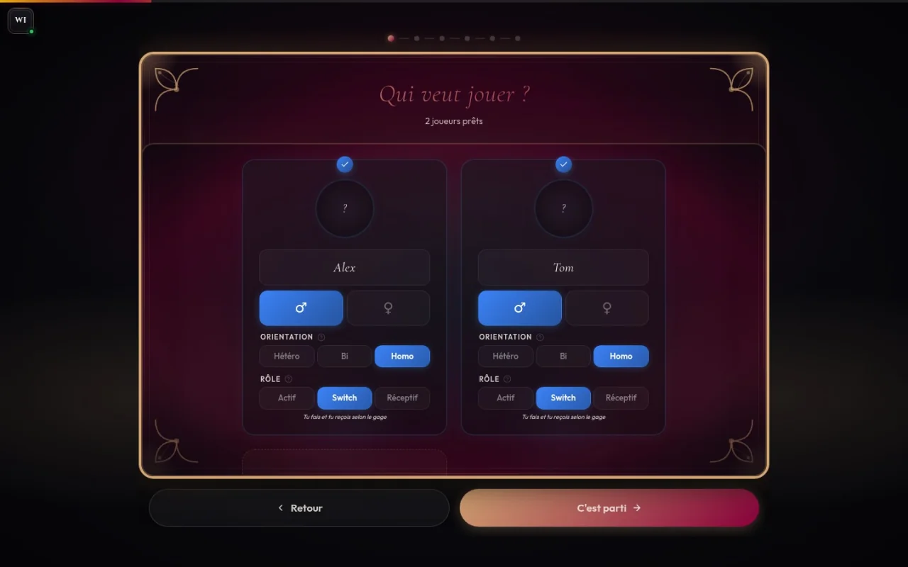 Écran Qui veut jouer : configuration des joueurs avec orientations et rôles