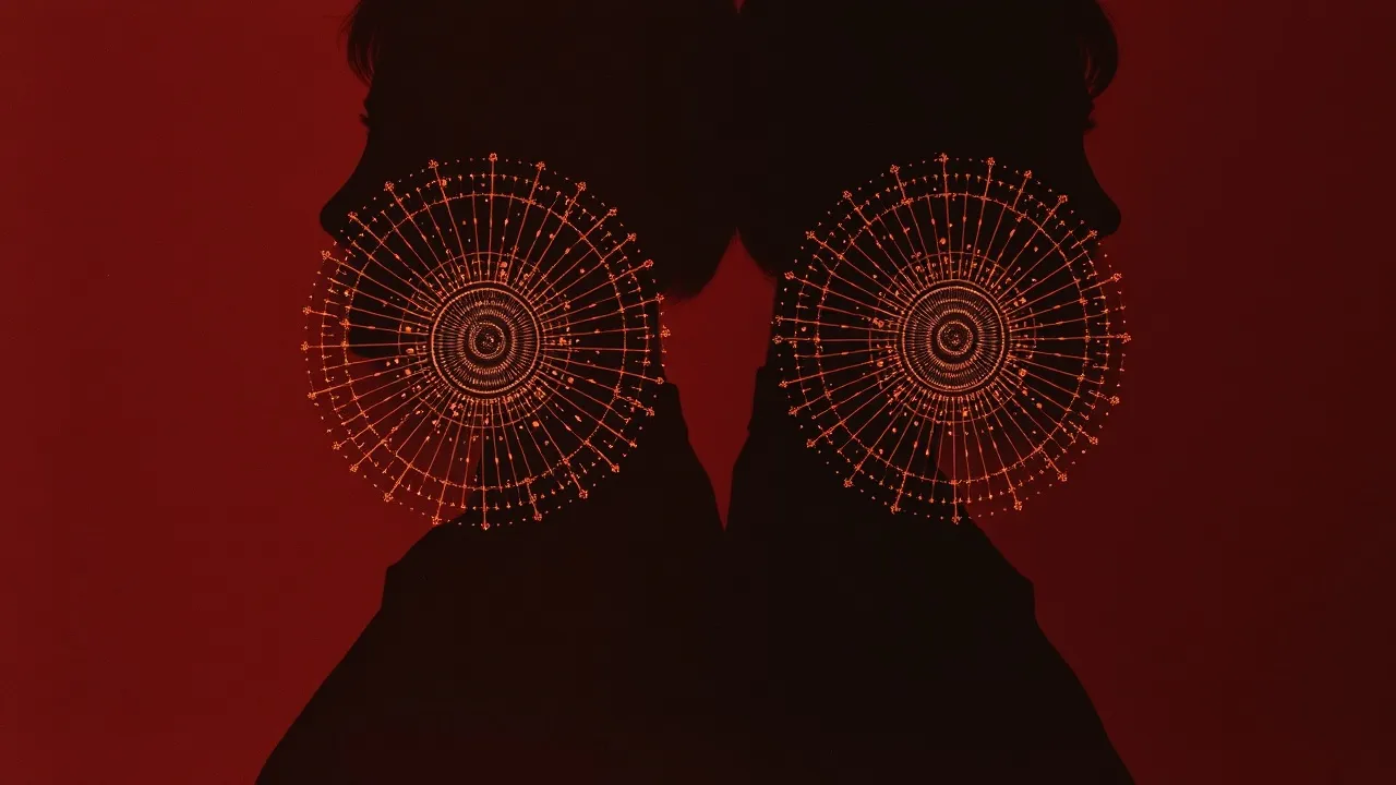 Deux silhouettes dos à dos avec mandalas radiaux qui se rencontrent au centre