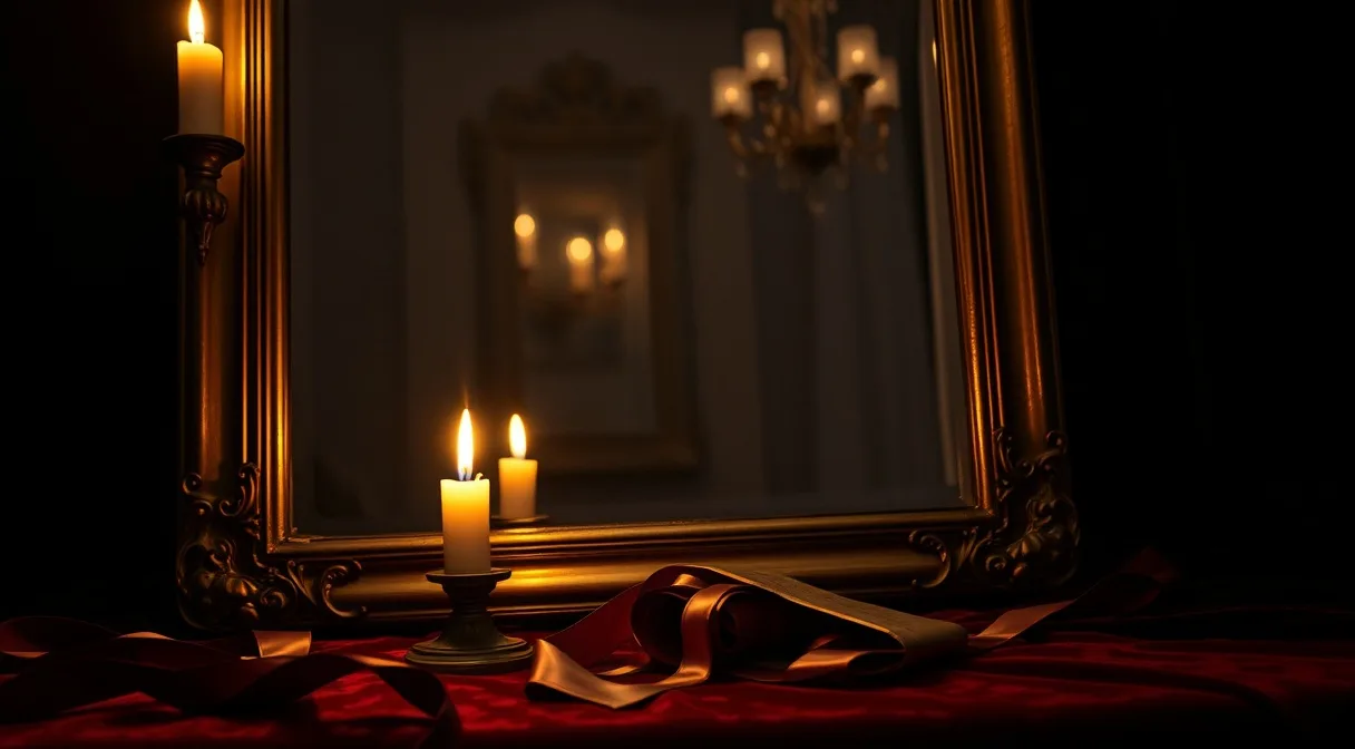 Miroir doré dans un boudoir sombre, bougie et son reflet, rubans de soie sur velours bordeaux