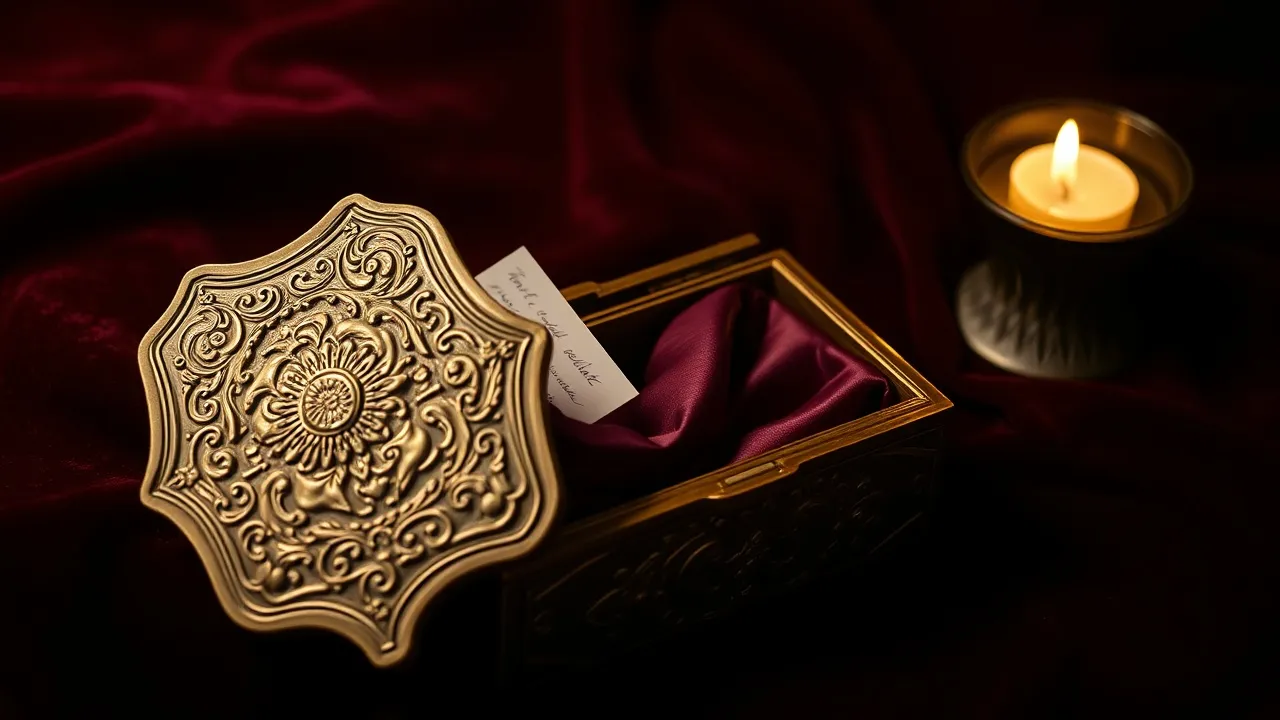 Coffre antique en or avec soie burgundy à l'intérieur et note manuscrite