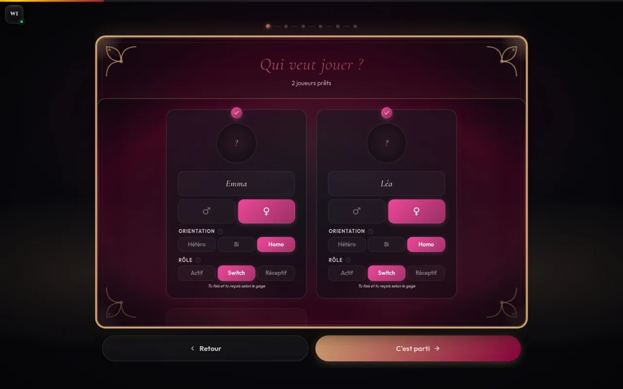 Écran Qui veut jouer : Emma + Léa, orientation Homo, rôle Switch