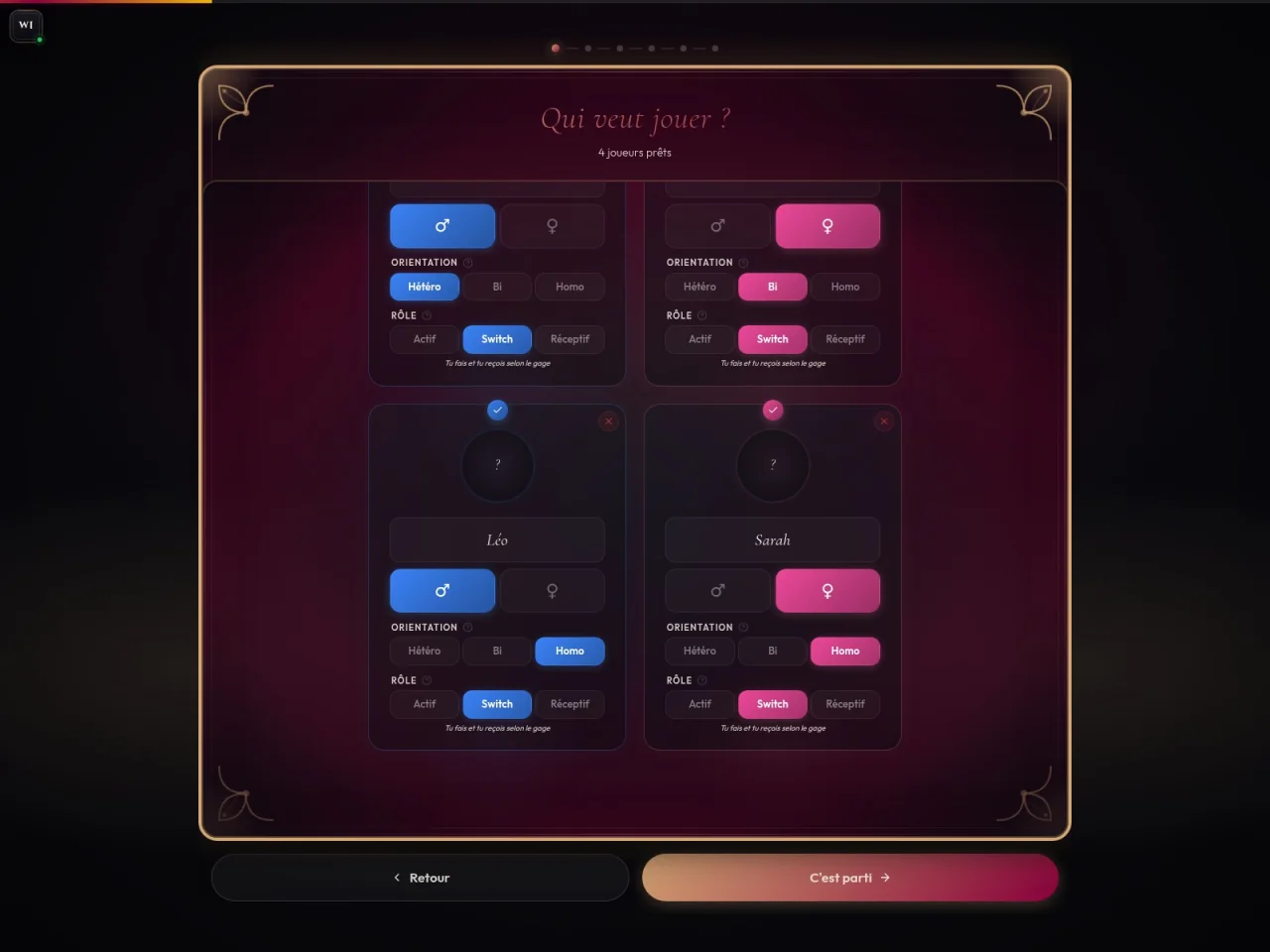 Écran Qui veut jouer : configuration des joueurs avec orientations et rôles