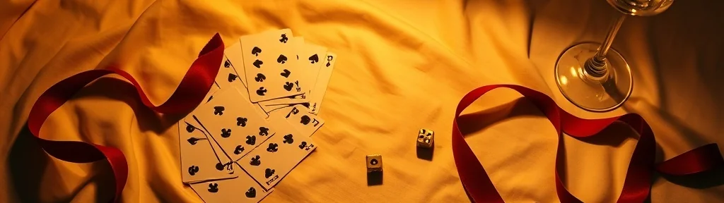 Cartes à jouer, dés en laiton, ruban rouge et coupe de champagne sur drap doré