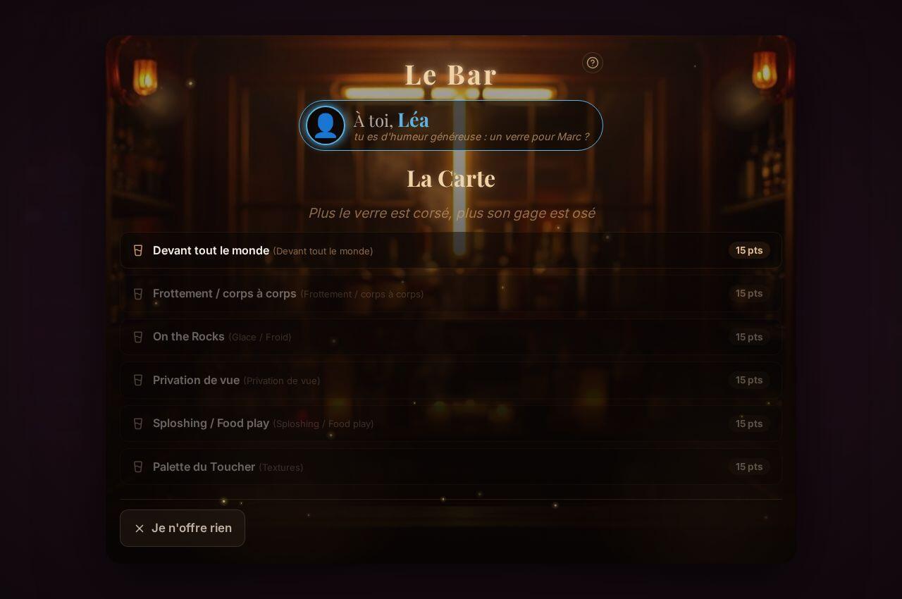 Le segment Le Bar à Faveurs, tel qu'il s'affiche dans le jeu
