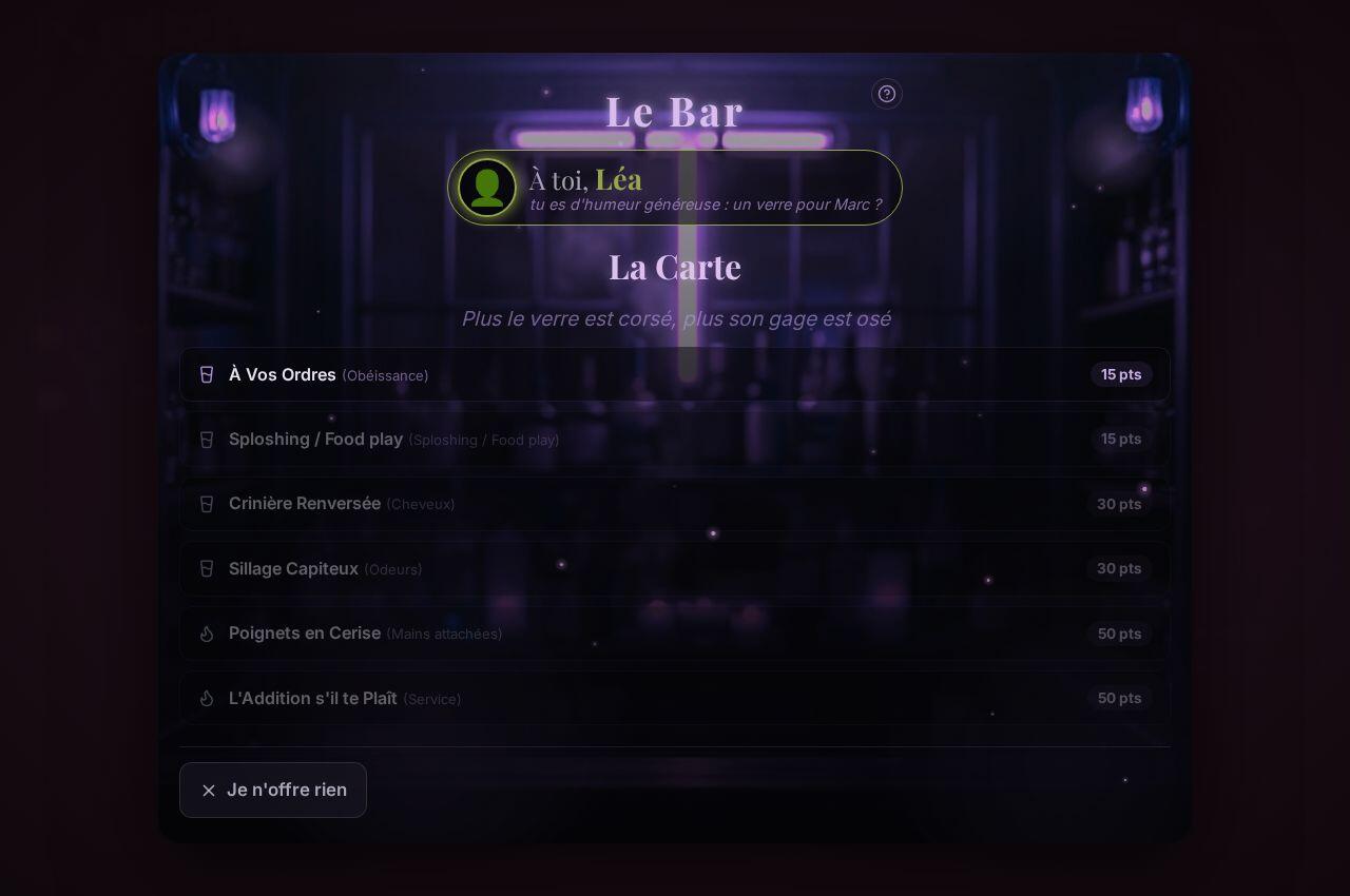 Le segment Le Bar à Faveurs, tel qu'il s'affiche dans le jeu, au Donjon