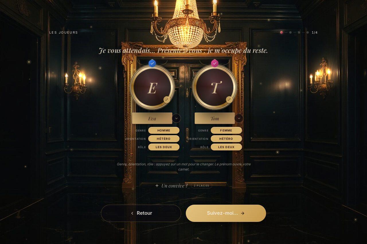 L'écran d'entrée du jeu : deux convives, orientation et rôle