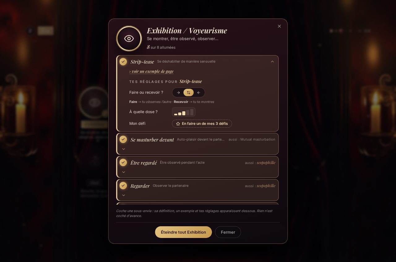 La fiche d'une envie : Exhibition, 8 sous-envies, faire ou recevoir, la dose, mon défi