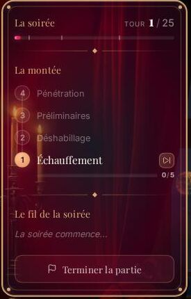 Le panneau réel de la montée : tour 1 sur 25, Échauffement 0 sur 5