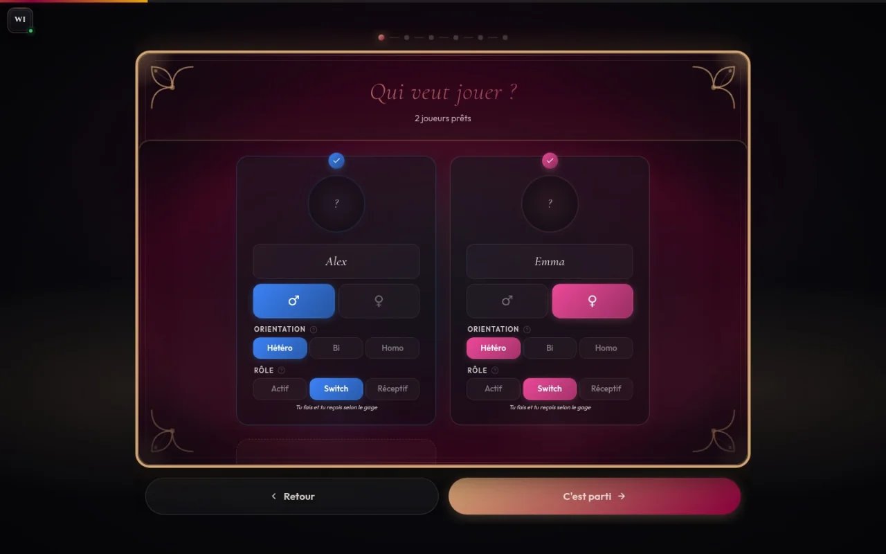 Écran Qui veut jouer : configuration des joueurs avec orientations et rôles