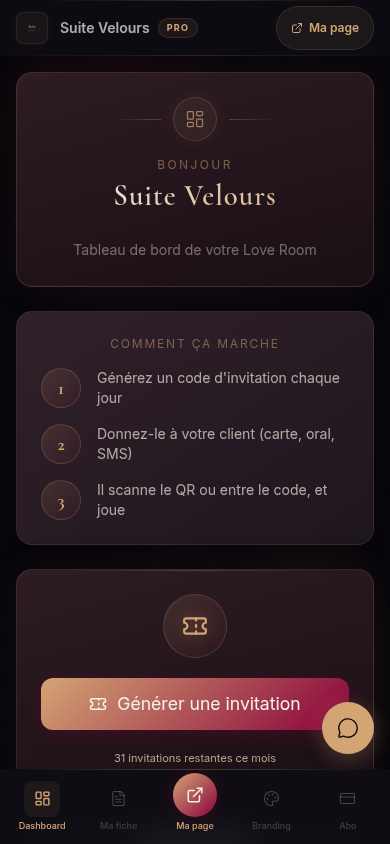 Espace propriétaire avec QR code et invitations