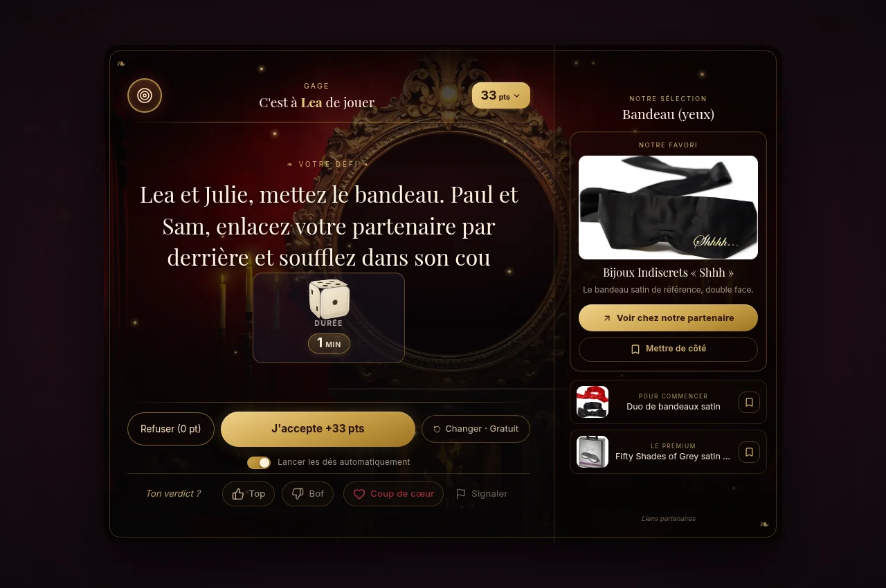 En jeu : le défi à gauche, la sélection de bandeaux à droite avec son bouton doré