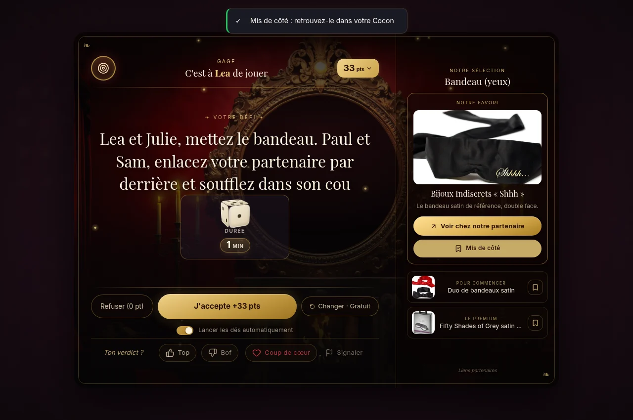 Le bouton Mettre de côté : un toast confirme, la partie continue