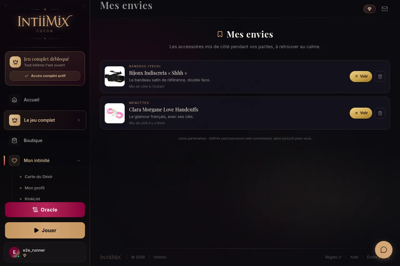 Le Cocon, page Mes envies : les produits mis de côté, prêts à être achetés