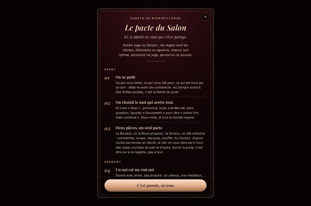 Le pacte du Salon : la charte, lue et acceptée avant d'entrer